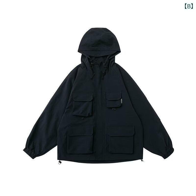 ジャケット 男性用 春秋 撥水 防風 フード付き ブルゾン ジャンパー 多ポケット 無地 ゆったり アウトドア 運動着 普段使い オレンジ ブラック グリーン ブルー M L XL XXL