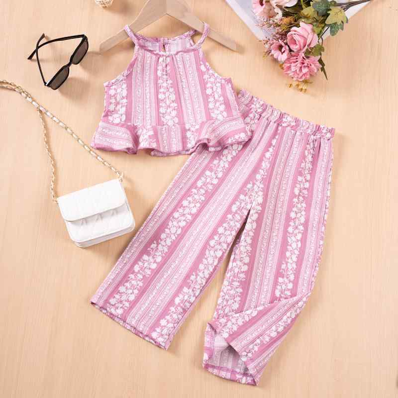 キッズ 女の子 パンツセット ノースリーブ タンクトップ ストライプ 花柄 ワイドパンツ 2点セット 薄手 100%ポリエステル 普段使い チョコレート色 ピンク系 春夏
