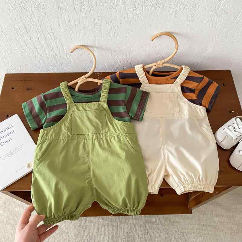 キッズ オーバーオール 夏物 子供服 男の子 女の子 無地 ショートパンツ Tシャツ セットアップ 綿100％..