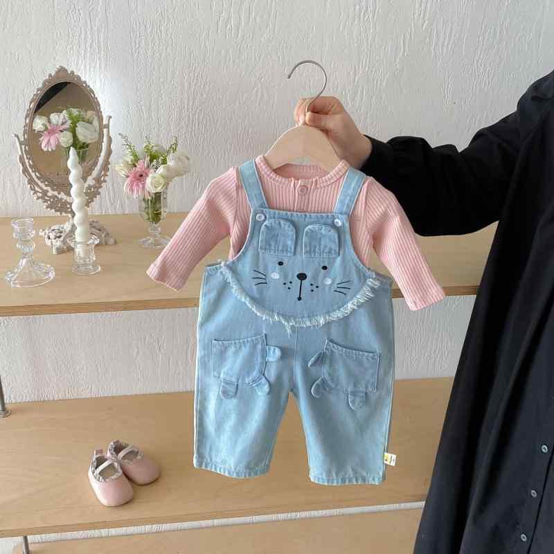 ベビー キッズ デニム サロペット ロングパンツ 春秋 男女兼用 コットン かわいい ライオン アニマル ..