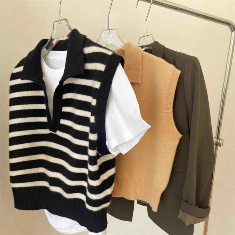 ニットベスト レディース 韓国風 ウール トップス ノースリーブ ストライプ ブラック系 ゆったり 普段使い 通勤着