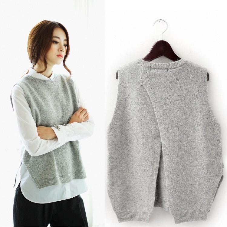 ニット レディース ニットベスト 後ろスリット入り ウール混紡 無地 ベスト プルオーバー ピンク系 グレー ブラック 紺 フリーサイズ 1..