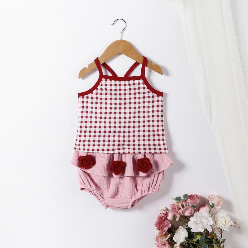 ベビー服 女の子 上下セット 夏物 韓国風 チェック柄 花柄 ノースリーブ Tシャツ ショートパンツ 2点セット ピンク系 コットン 幼児 かわいい 普段着 部屋着