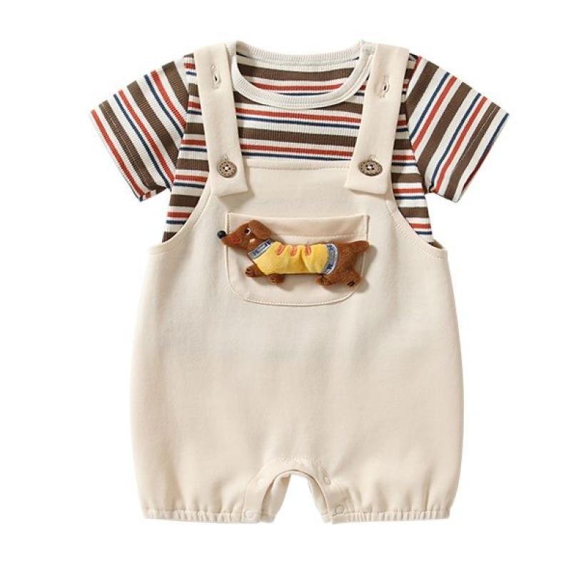 ベビー 上下セット ストライプ Tシャツ サロペット かわいい 犬柄 薄手 コットン 赤ちゃん 乳幼児 男の子 ベージュ 80 90