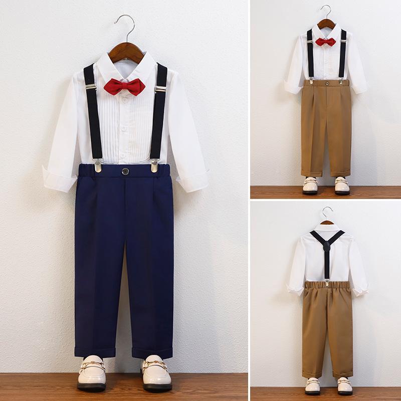子供用 フォーマルスーツ 4点セット 春夏 男の子 キッズ 背带裤 セットアップ 発表会 演奏会 舞台 衣装 結婚式 七五三 卒園式 入学式 80 90 100 110 120 130 140 150cm ポリエステル