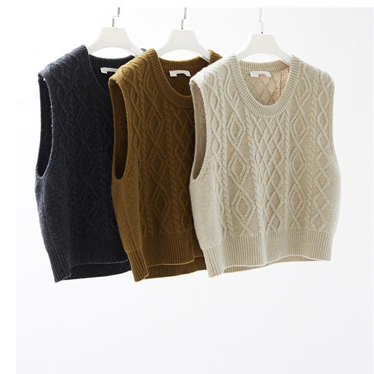 ニットベスト レディース 秋冬 レトロ ケーブル編み ウール 羊毛混 ニット セーター 重ね着 ブラウン ベージュ グレー イエロー M L XL 2XL