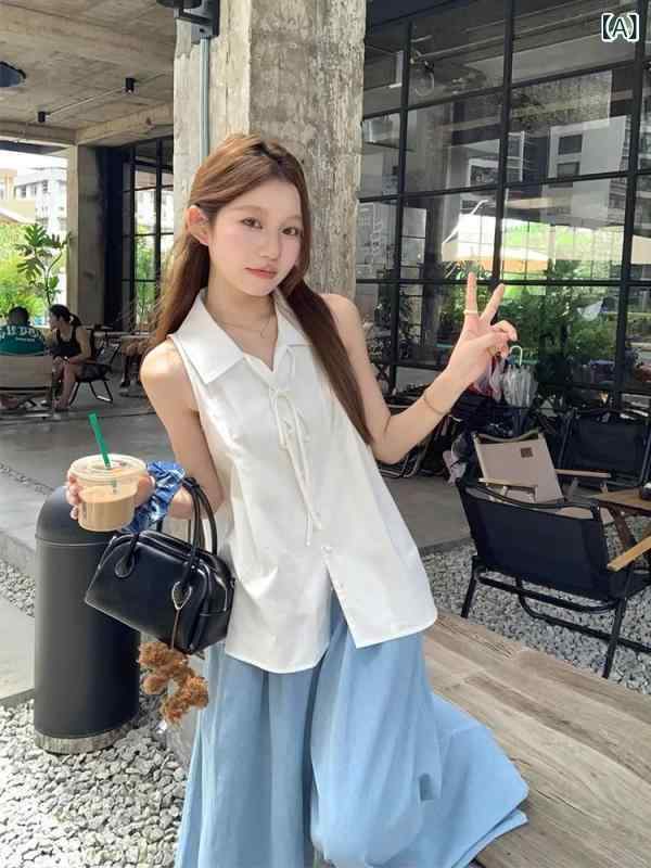 シャツ レディース ノースリーブ ブラウス チュニック トップス 白 ホワイト ゆったり 襟付き 春夏 接触冷感 普段使い