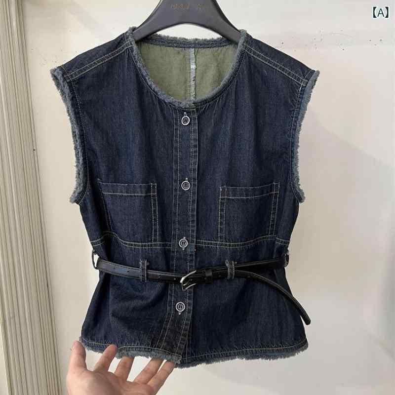 ベスト レディース デニム ノースリーブ レトロ ウォッシュ加工 ショート丈 トップス 夏 サマー 皮ベルト付き ウエストマーク 細見え スタイルアップ 着痩せ デニムブルー ブラック