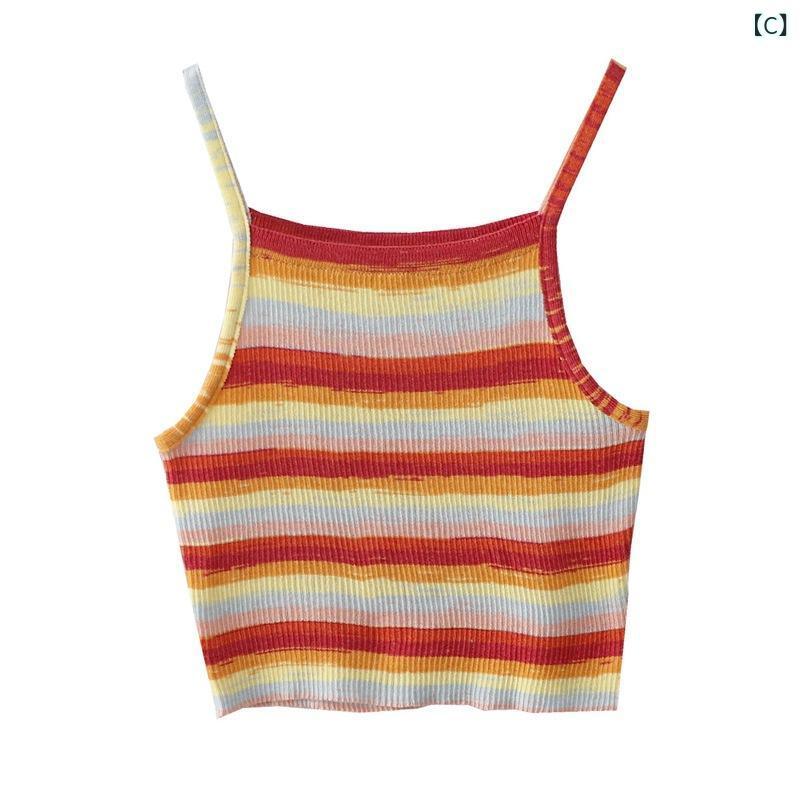 タンクトップ レディース 韓国風 高見え スリムフィット ストライプ柄 ニットキャミソール 春夏 イエロ..