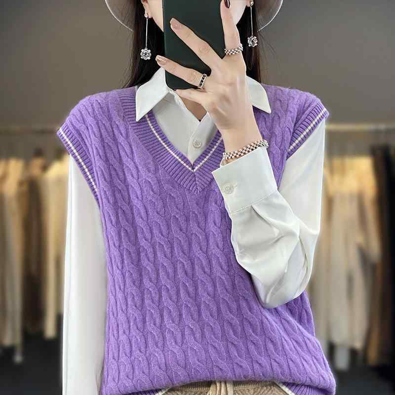 ニットベスト レディース ウール 毛糸 セーター ゆったり Vネック ショート丈 チョッキ 畦編み ケーブ..