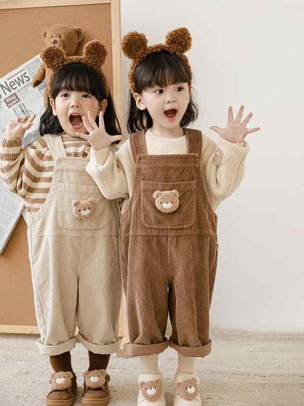 キッズ オーバーオール 女の子 子供服 コットン 立体小熊 春秋 レトロ カジュアル ベージュ ブラウン 80cm 90cm 100cm 110cm 120cm 130cm 140cm