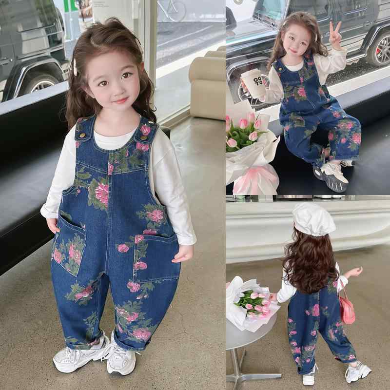 子供服 女の子 ローズ柄 サロペットパンツ デニム ロングパンツ 春秋 中小サイズ ウエストゴム コット..