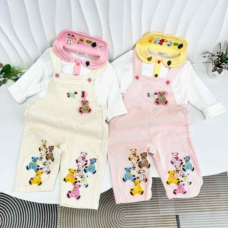 子供服 サロペットパンツ ベビー 幼児 刺繡 コットン ロングパンツ ベージュ ピンク系 80 90 100 110cm