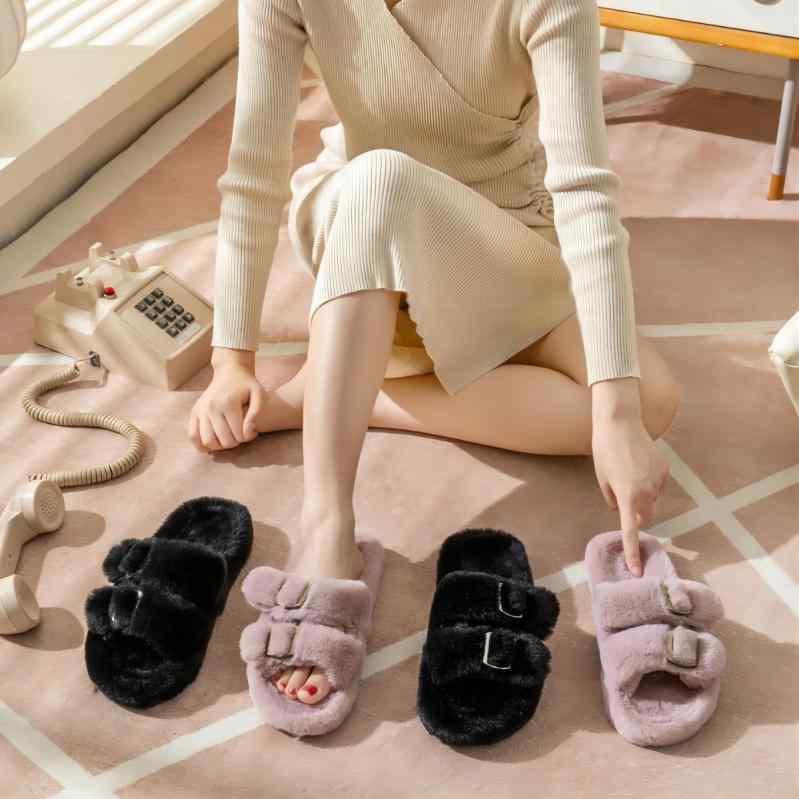スリッパ レディース 秋冬 もこもこ ルームシューズ 韓国風 ダブルバックル 室内履き かわいい 冷え対策 あったか 防寒 ブラック ピンク系 ブルー