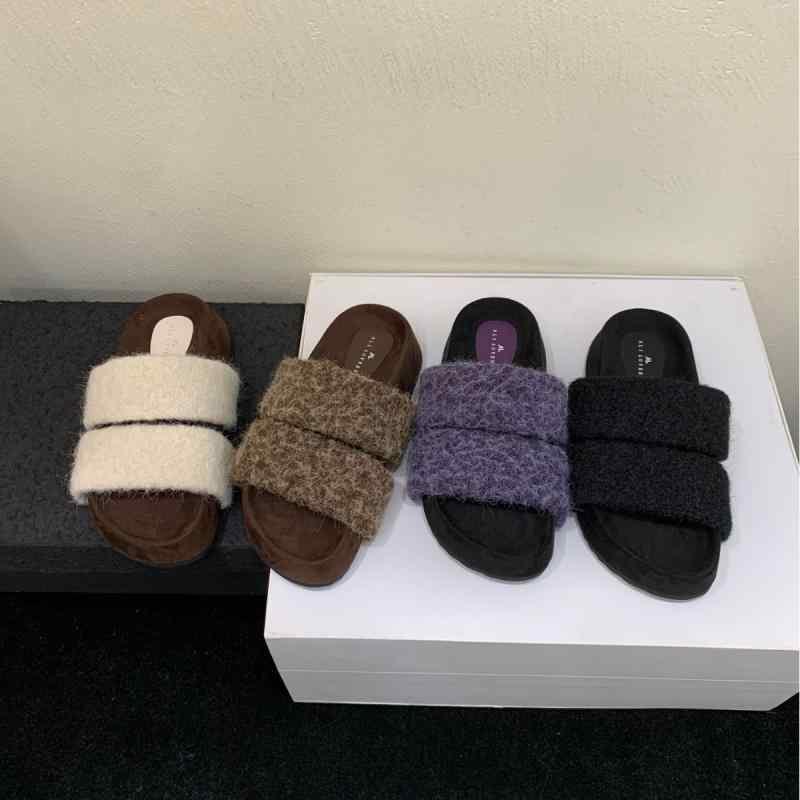 靴 レディース 厚底 ファー シューズ スリッパ サンダル 秋冬 ラウンドトゥ 韓版 ブラック ブラウン パープル ベージュ