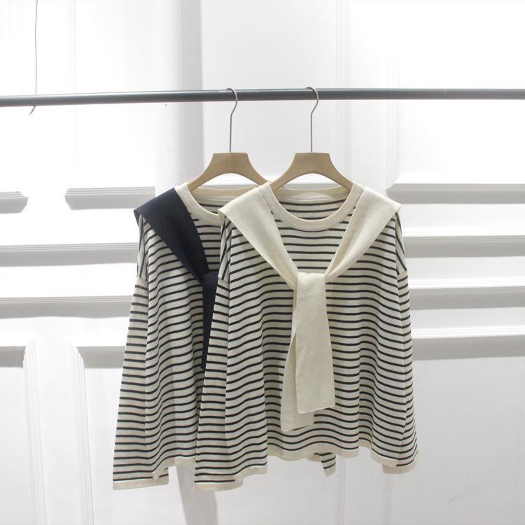 ニット レディース 秋冬 ラウンドネック ストライプ柄 フェイクレイヤード ショール風 ウール混紡 プルオーバー 長袖 厚手 ゆったり 白色 深青色 ワインレッド 黒色 茶色