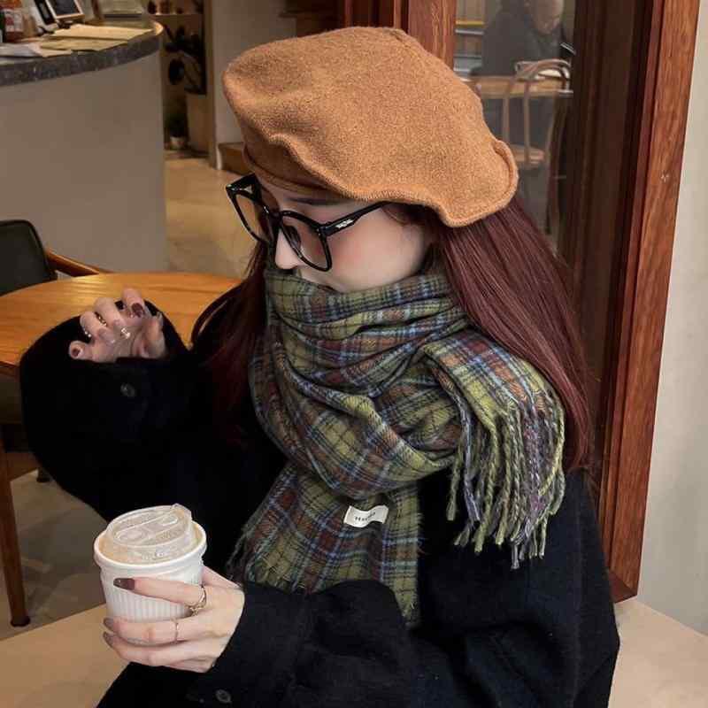 マフラー レディース 秋冬 格子柄 かわいい ショール ストール 襟巻き 暖かい 防寒 韓国風 レトロ 緑 グリーン ポリエステル