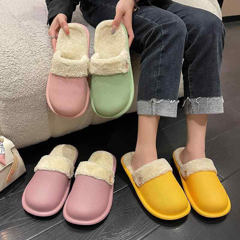 ルームシューズ カップル 暖かい 厚底 ムートン スリッパ 秋冬 韓国風 EVA 室内履き 滑り止め イエロー グリーン パープル ピンク グレー ネイビー