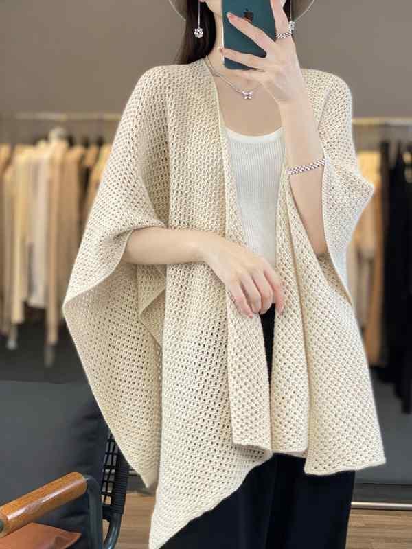 カーディガン レディース 春物 ニット 100% ピュア ウール ポンチョ風 アウター かぎ針編み 透かし編み..