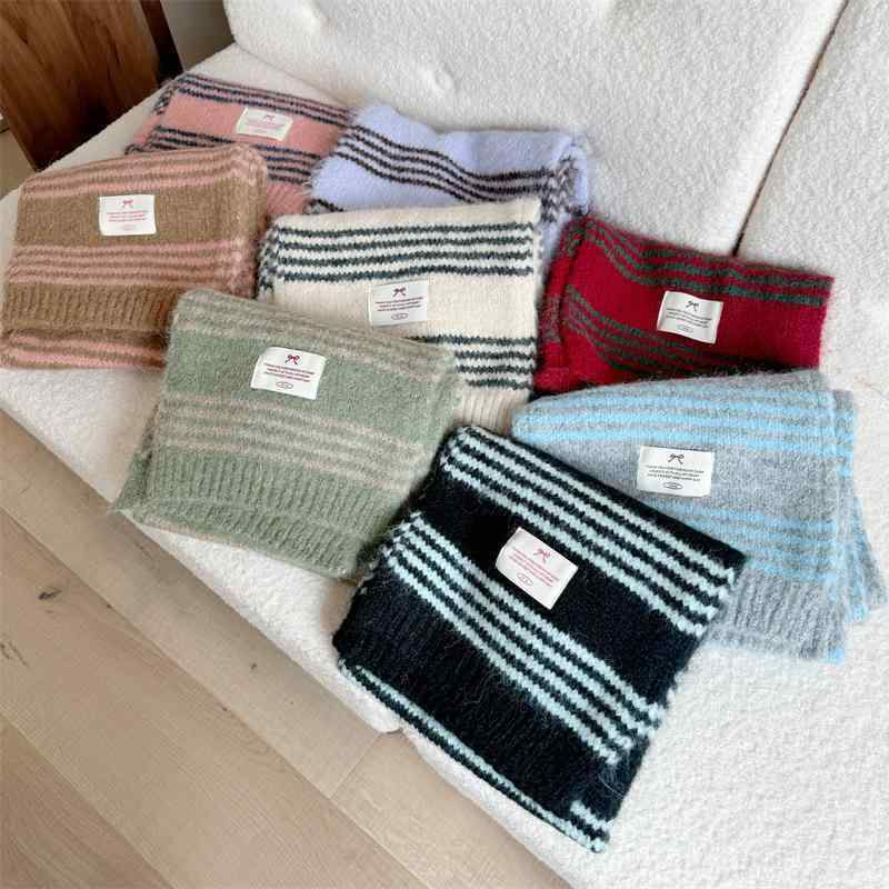 マフラー レディース 秋冬 レトロ ストライプ 厚手 ニット 围脖 ショール 防寒 保温 新年レッド 玫ピンク グレーブルー 緑米色 ホワイト 紫 ピンクコーヒー色 ブルーブラック ピンクブルー アクリル ウール 176cm