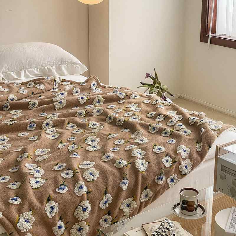 ブランケット 羊毛 ラムウール風 花柄 ひざ掛け 肩掛け 厚手 あったか 100 150cm 北欧風 カフェオレ 珈..