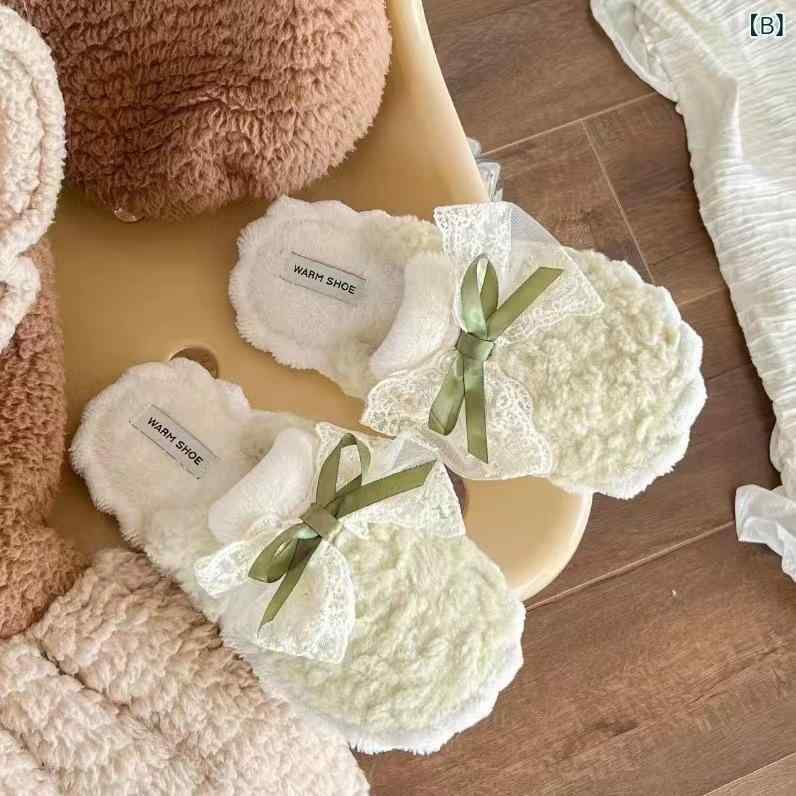 ルームシューズ レディース 蝶結び レース スリッパ 秋冬 室内履き あったか 防寒 滑り止め かわいい オフホワイト グリーン ブラウン ペア