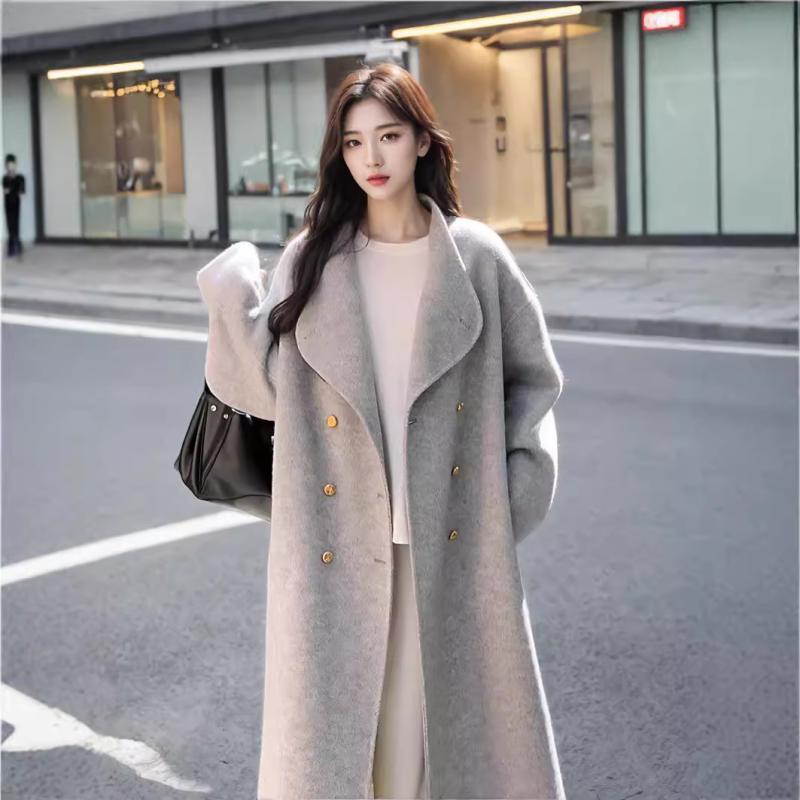 コート レディース ウール ロング丈 ダブルブレスト 高級感 ミドル丈 立襟 ゆったり 無地 秋冬 ベージュ グレー ブラック