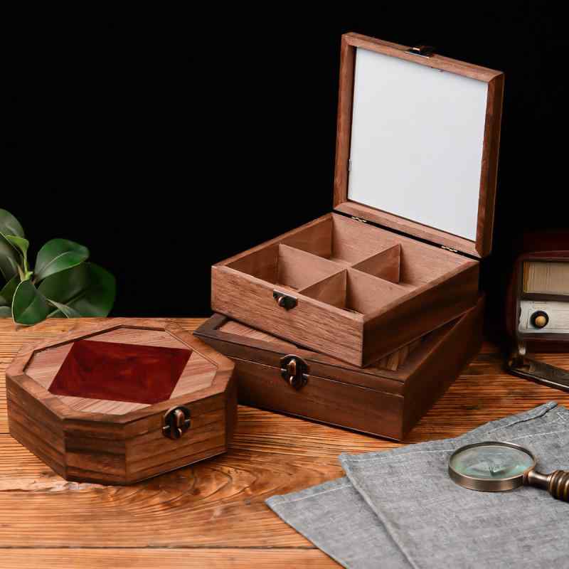 収納ケース レディース 海棠柄 ガラス 木製 卓上 蓋付き 小物入れ アクセサリーケース 正方形 八角形 大容量