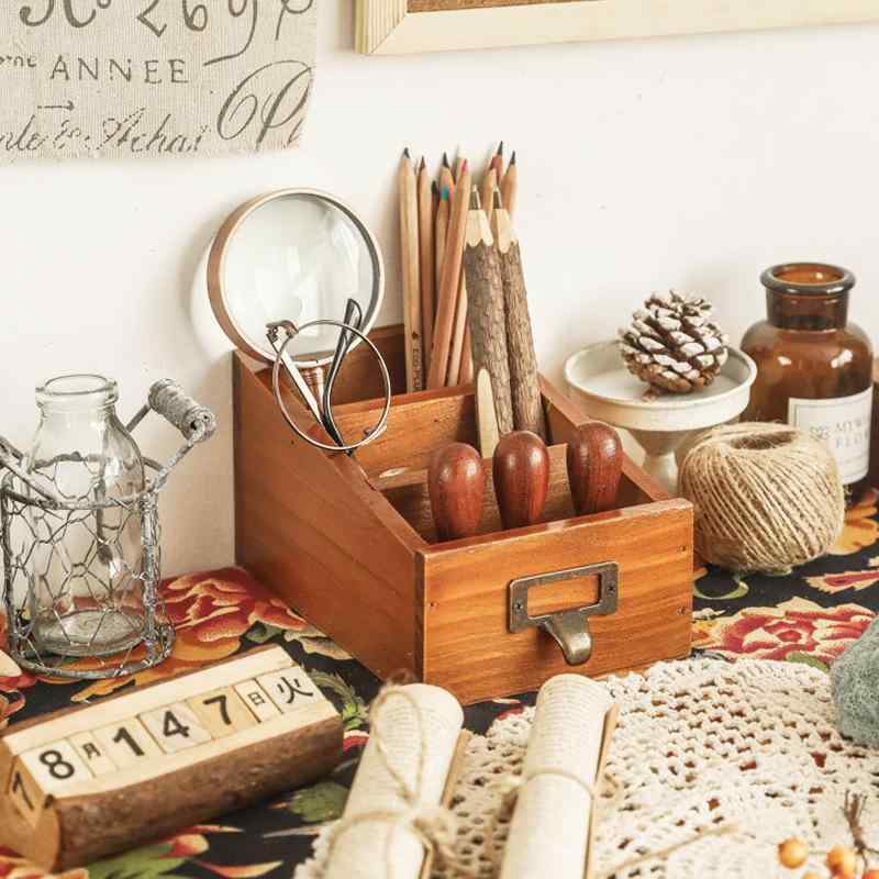 卓上収納 文具 リモコン ペン立て 木製 デスクオーガナイザー 小物入れ 化粧ブラシ入れ 大容量 オブジェ 古材風