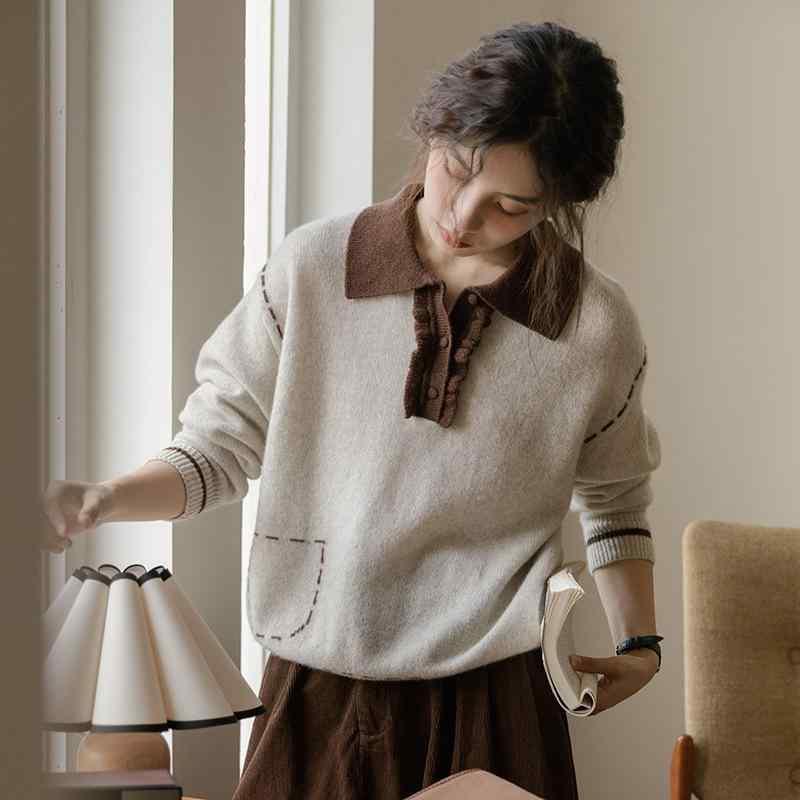ニット レディース アルパカ混 ニットプルオーバー 配色 POLOネック 長袖 ゆったり 文芸風 レトロ 秋冬