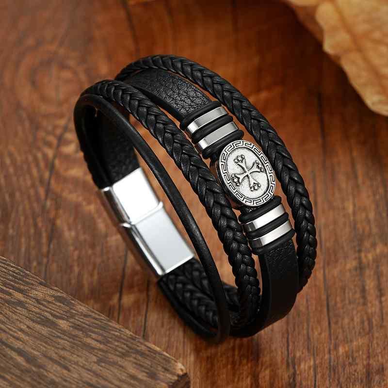 ブレスレット メンズ レディース レザー 編み込み 多層 クロス 幾何学模様 マグネット 黒 ブラック パンク 個性派