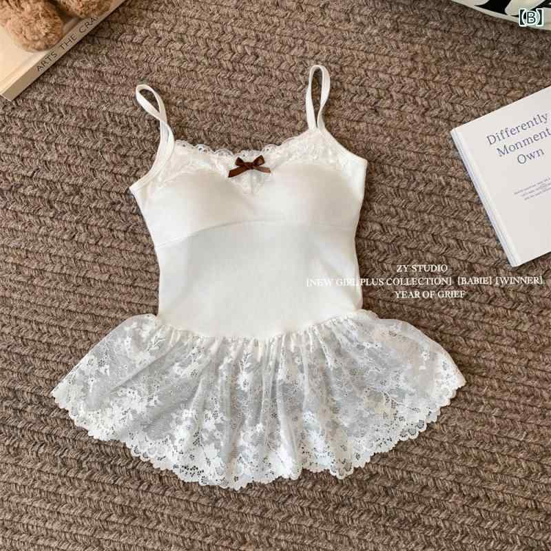 キャミソール レディース 韓国風 レース 裾 美背 パッド付き トップス カットソー ノースリーブ 無地 ブラック ホワイト系