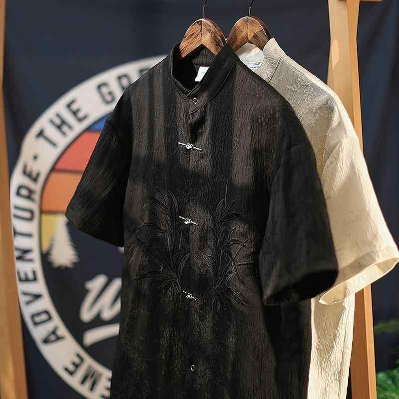 シャツ メンズ 男性用 半袖 中華風 チャイナスタイル 立襟 トップス コットン混紡 無地 ホワイト ブラック