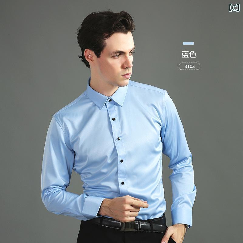 シャツ メンズ 男性用 長袖 トップス ビジネス カジュアル 春秋 無地 ポリエステル スタンダードカラー オフィス 通勤用 白 黒 ブルー パープル ピンク ワインレッド ネイビー グレー