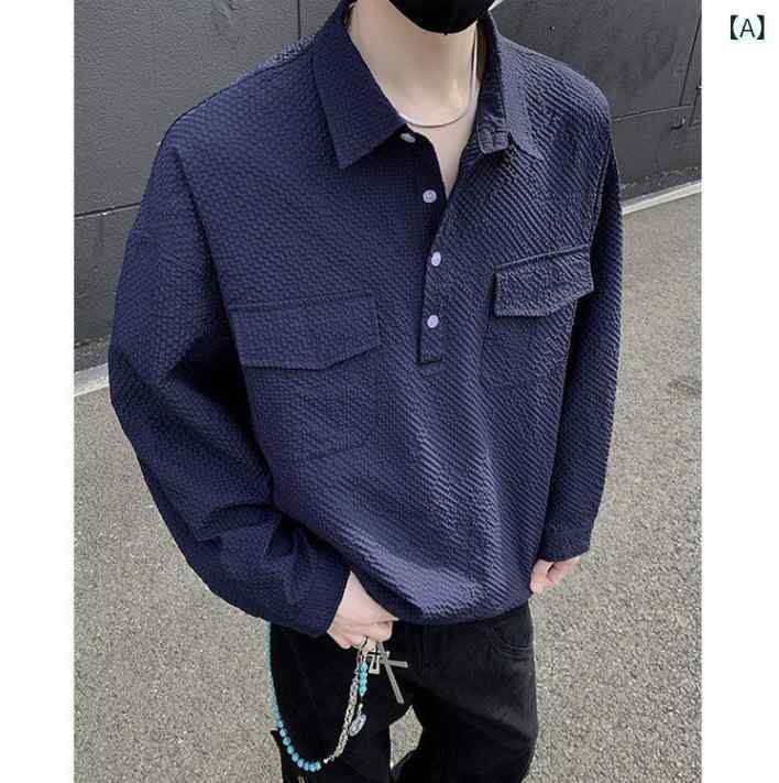 シャツ メンズ 男性用 長袖 泡泡纱 パフスリーブ ワークシャツ 多ポケット トップス プルオーバー ゆったり ルーズフィット 春秋 カジュアル ブルー