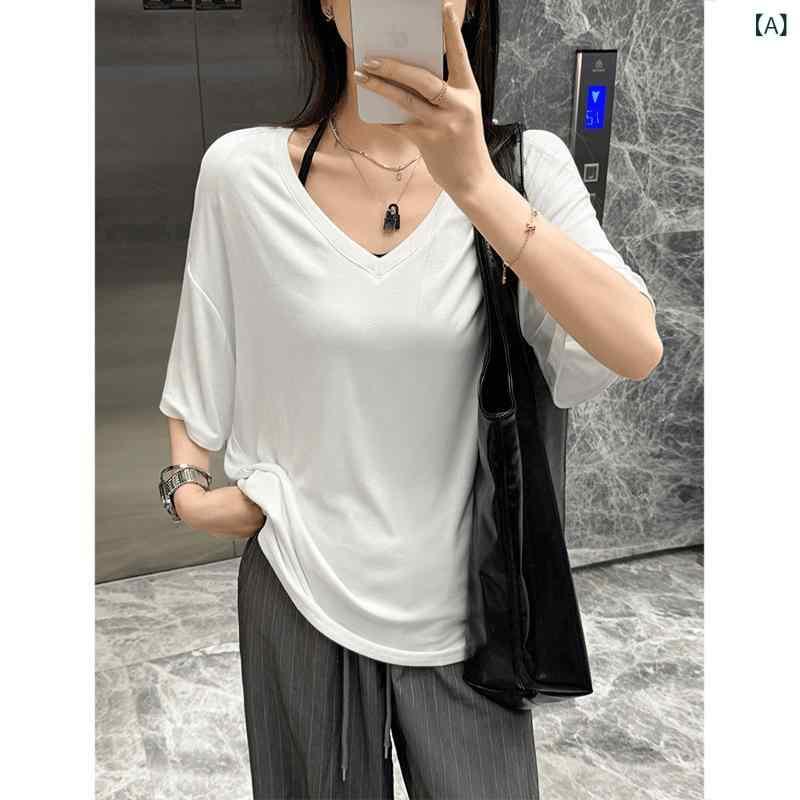 Tシャツ レディース Vネック 半袖 ゆったり チュニック丈 無地 トップス カジュアル 普段使い 通勤 粘胶纤维 白色 黒色 灰色