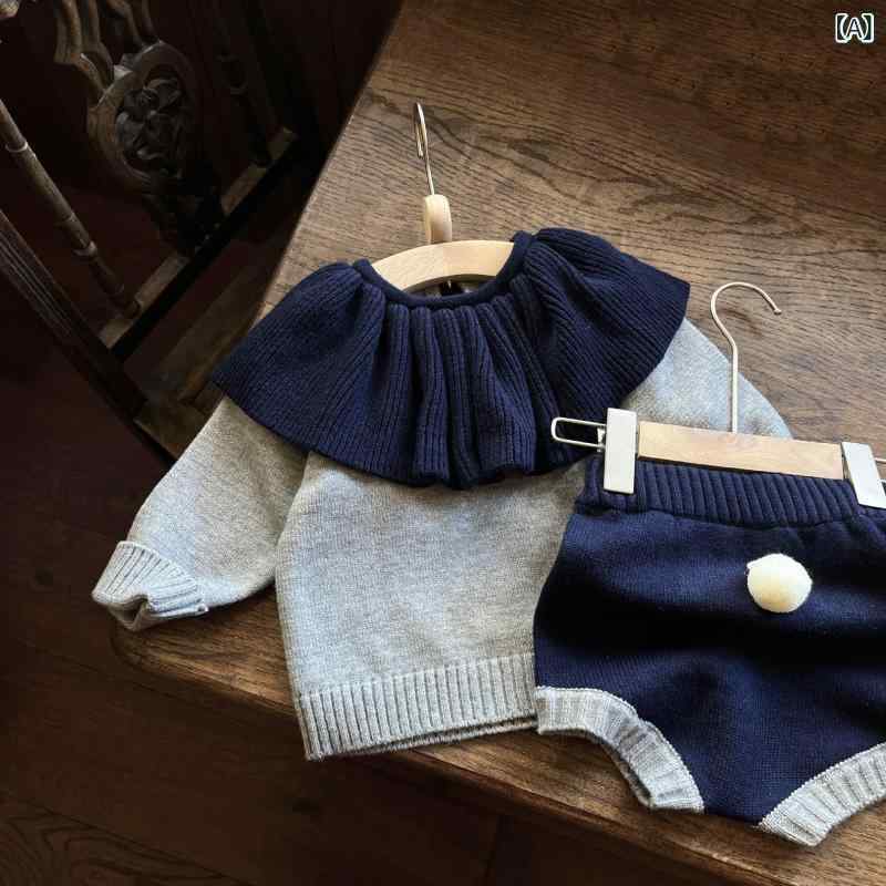 子供服 ニット セットアップ 春秋 長袖 トップス ショートパンツ かわいい フリル 73 80 90 100 110 ブルー グリーン