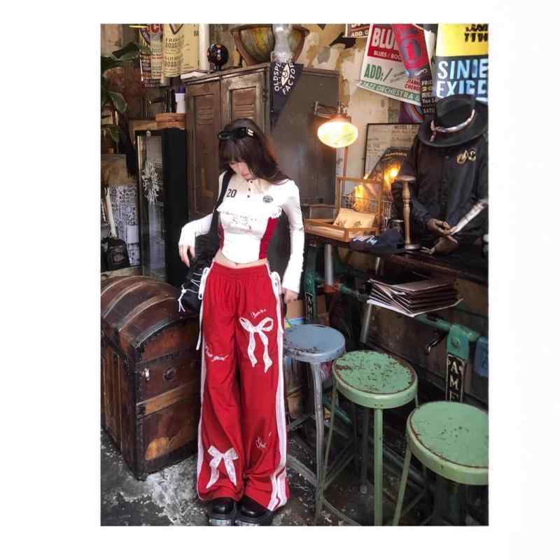 パンツ 大きいサイズ レディース 蝶結び レース カジュアルパンツ 春秋 ゴムウエスト ゆったり ストレート ワイドレッグパンツ 接触冷感 伸縮性 ブラック レッド ポリエステル