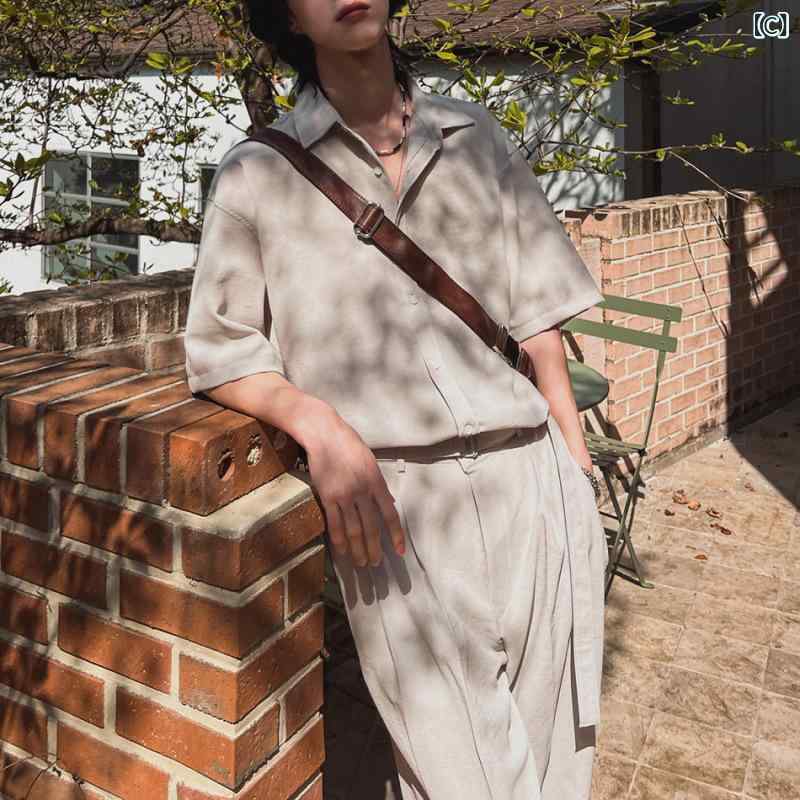 セットアップ メンズ 韓国風 半袖シャツ ストレートパンツ ポリエステル 麻 綿 混紡 カジュアル 通勤 リラックス 深灰色 カーキ(4)