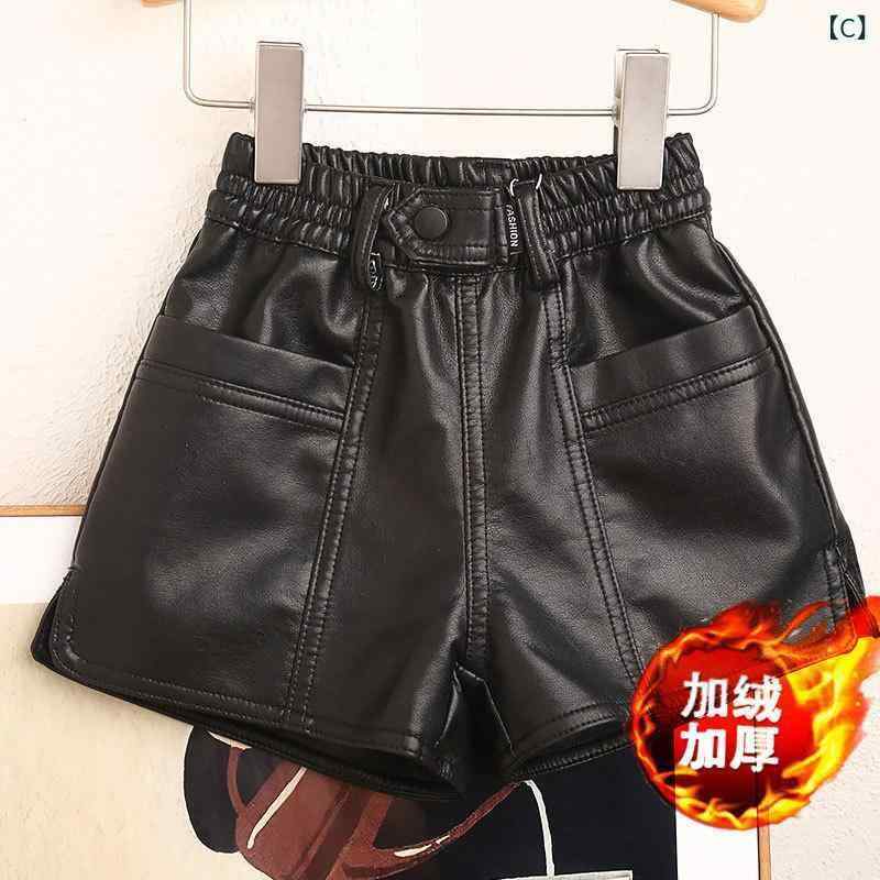 子供服 パンツ ガールズ PUレザー ショートパンツ Aライン ワイドレッグ ハイウエスト ブラック ブラウン 無地 裏起毛 秋冬
