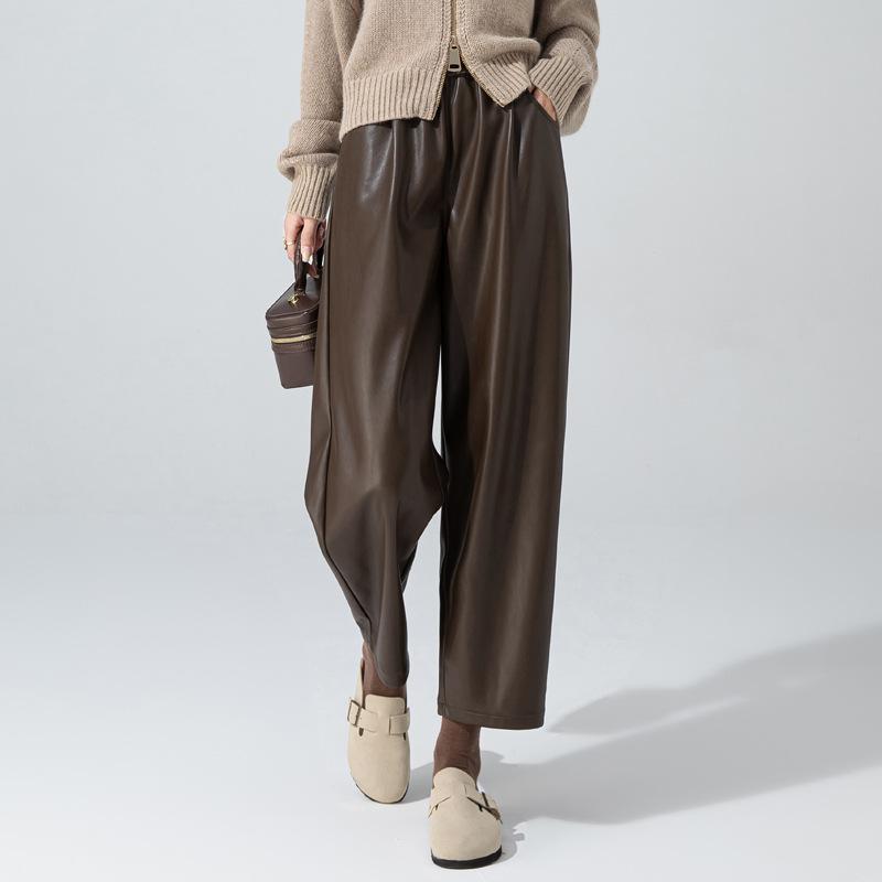 パンツ レディース PUレザーパンツ ハーレムパンツ ハイウエスト ウエストゴム カジュアルパンツ ルーズ 9分丈 黒 栗色