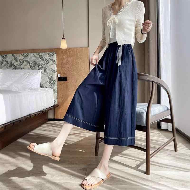 デニム レディース キュロット スカンツ ワイドレッグ 高 Leggings 天丝 高腰 薄手 ゆったり 7分丈 8分丈 ポケット付き ブラック ネイビー M L XL