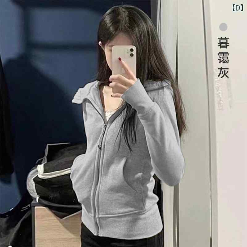 乐天商城 - パーカー レディース スリムフィット 長袖 無地 ジップアップ 普段使い ヨガ スポーツウェア トップス 綿 ポリエステル 桜色 ピンク系 グレー 黒 ブラック 春秋