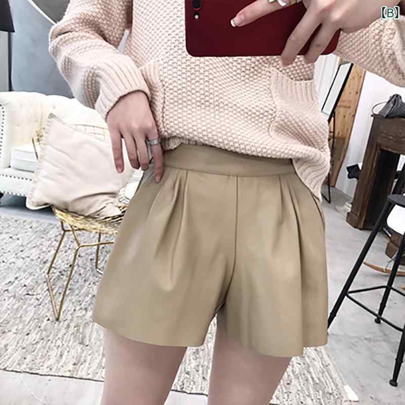 ハーフパンツ レディース PUレザー ワイド 薄手 ウエストゴム ブラック 黒 杏色 ゆったり かわいい 韓国風 カジュアル(4)