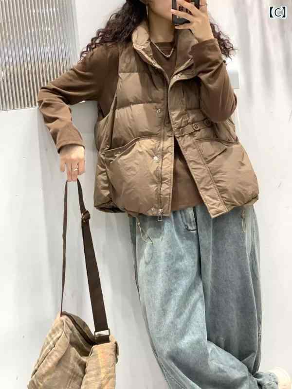 ダウンベスト レディース 秋冬 立襟 3つボタン ゆったり ファッション 保温 ノースリーブ チョッキ ポ..