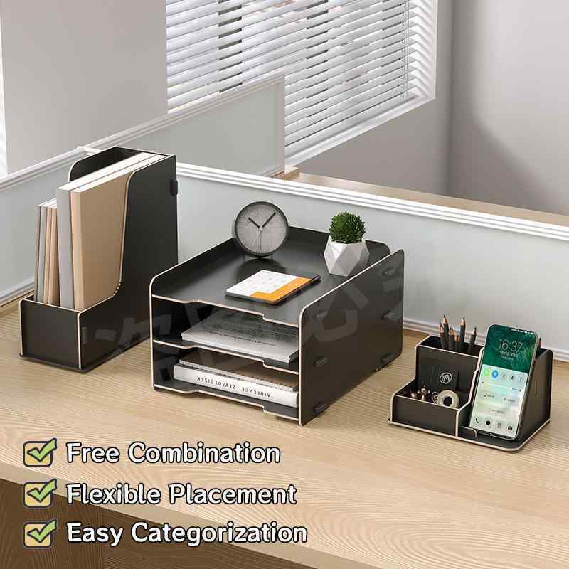 卓上収納 文具収納 木製 ファイルボックス 卓上 整理整頓 ラック デスク収納 小物入れ 木目 ブラック オーク 大容量