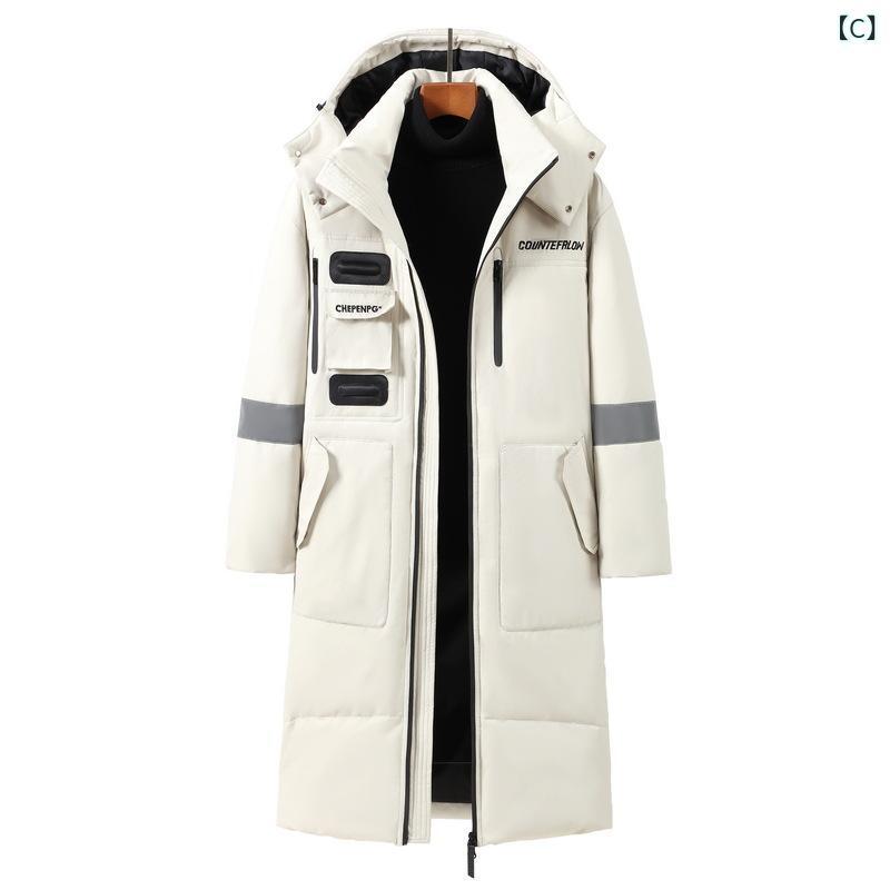 ダウンジャケット メンズ 男性用 ロング丈 ひざ丈 中綿入り 厚手 ルーズフィット 無地 フード付き ポリ..