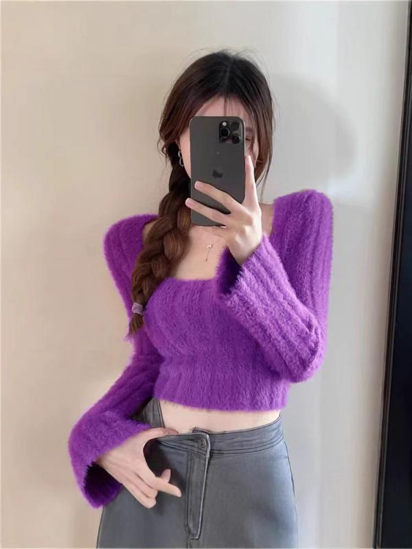 ニット レディース 長袖 秋冬 トップス フェイクファー セーター 方領 無地 厚手 ショート丈 タイト 伸..