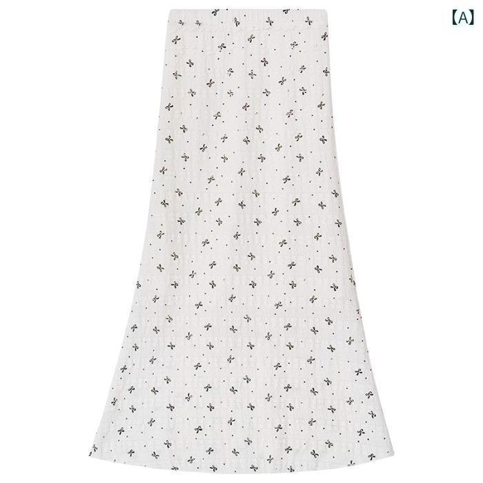 スカート レディース Aラインスカート ロングスカート レース フラワープリント 蝶結び ポリエステル 波型 ミモレ丈 膝下丈 セミフレアスカート オフホワイト スイート スパイシー カジュアル 伸縮性