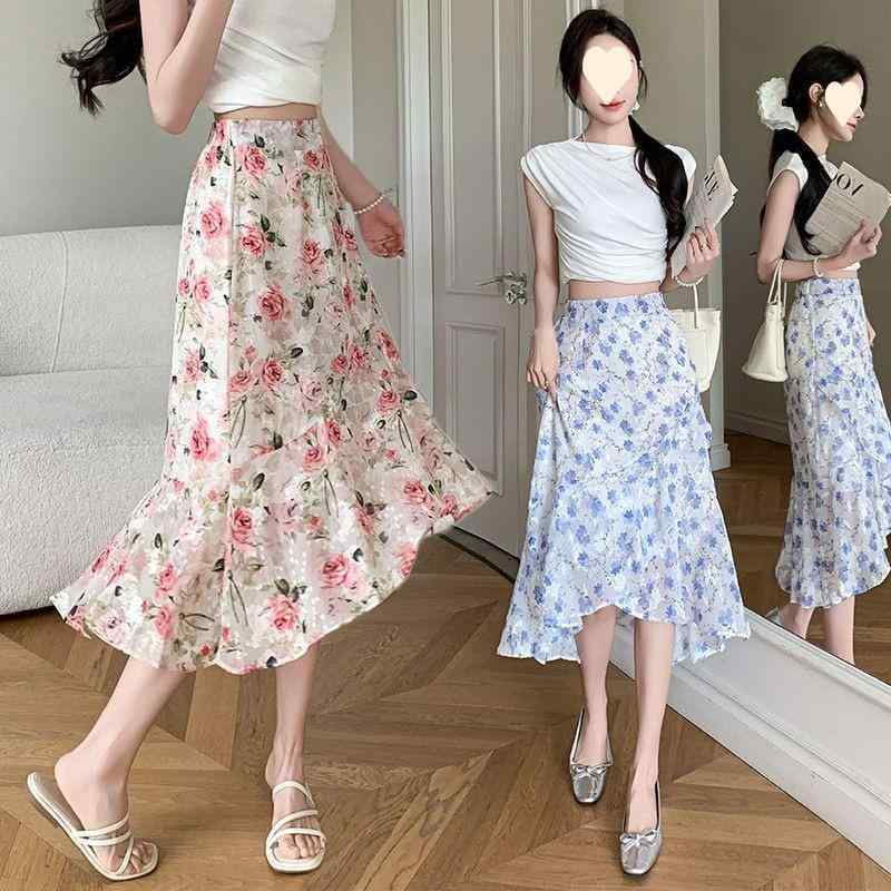 スカート レディース 夏 提花 シフォン フレアスカート フィッシュテールスカート ミモレ丈スカート ハイウエスト 切り替え 荷葉 フリル 赤 緑 青(4)